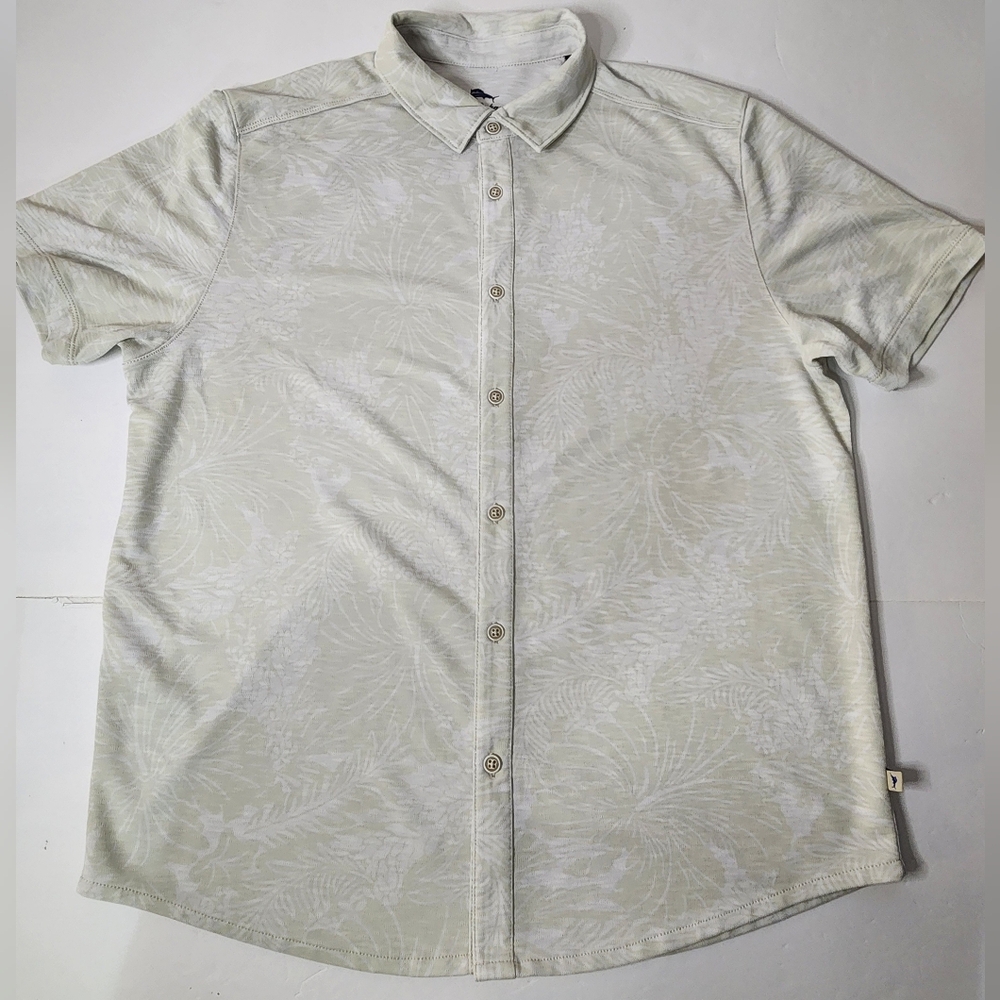 Tommy Bahama Coastal Shirt Mens Large Tan & White Button Down Short Sleeve